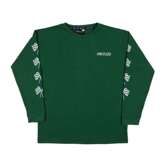 Checkered Flags Long Sleeve T-shirt- Forest Green Size Large - Picture 1 of 2